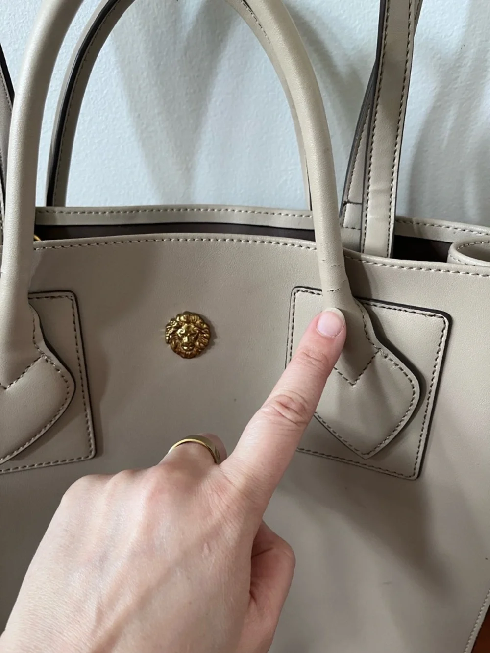 Anne Klein Beige Faux Leather Tote Bag Lion Logo Double‎ Handle Shoulder Bag